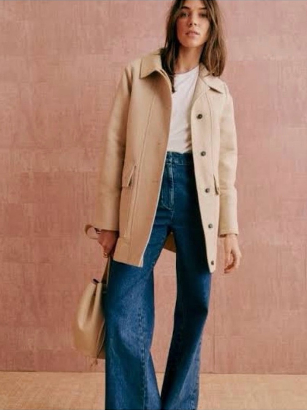 Sezane Cream Button-Front Pea Coat